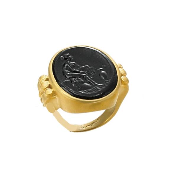 18KT. YELLOW GOLD OVAL BLACK MURANO GLASS RING