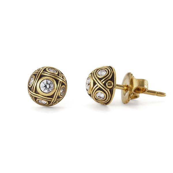 18KT YELLOW GOLD HALF SOMED STUD EARRINGS WITH DIAMONDS. 7MM