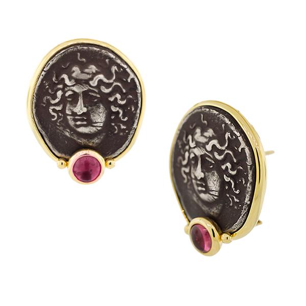 18KT. YELLOW GOLD BEZEL SET S/S POMPEI RELIEF, EARRING WITH ONE PINK TOURMALINE ON OMEGA CLIP BACKS.