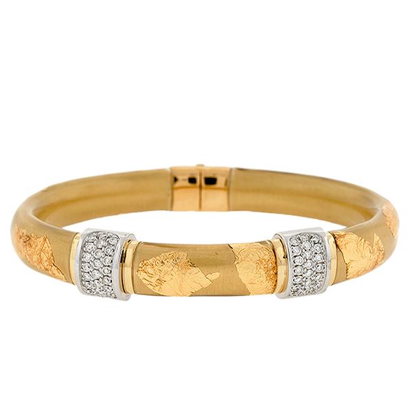 18k YG 11mm Flat Gold Leaf Bangle 1 18k YG 11mm Flat Gold Leaf Bangle Pave Diamonds