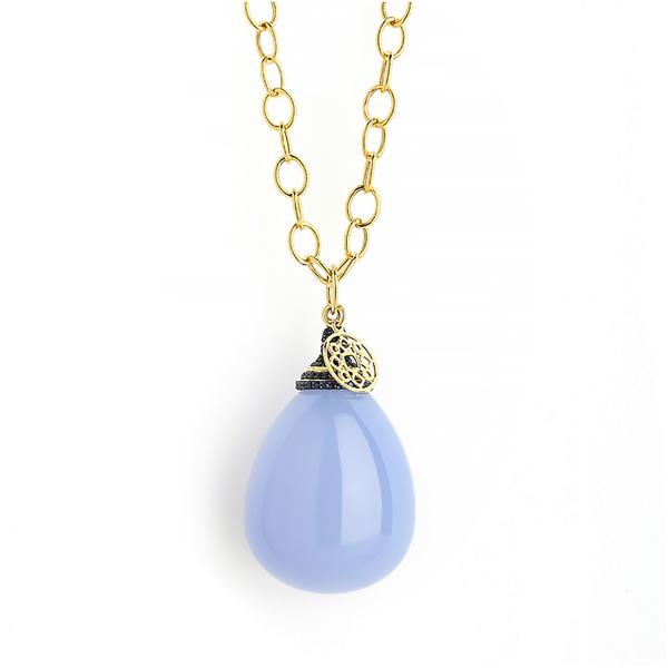 100CT. BLUE CHALCEDONY WITH BLUE SAPPHIRE ON CAP BAIL